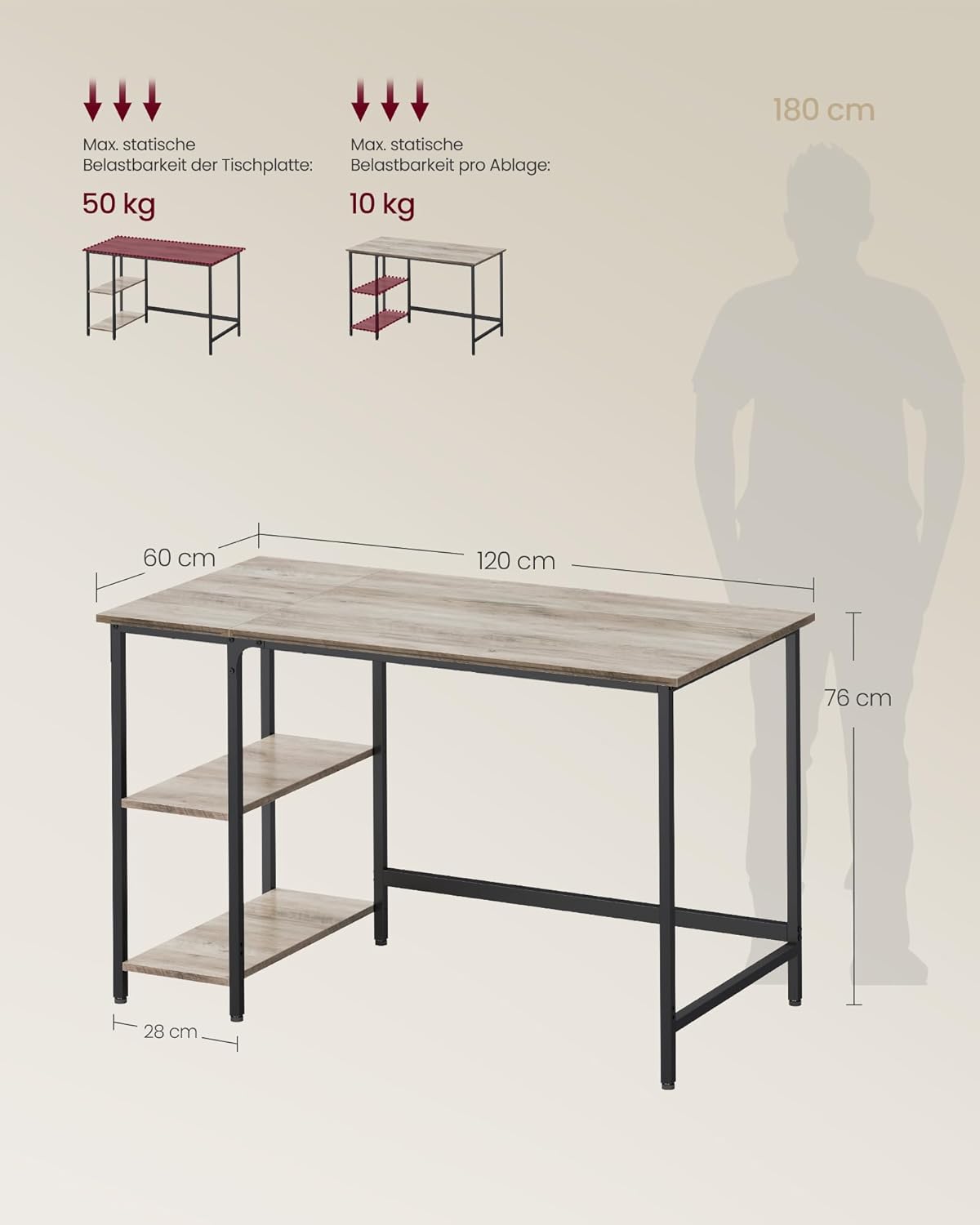 VASAGLE Tisch, Computertisch, Bürotisch, 120 x 60 x 76 cm, moderner Stil, für Arbeitszimmer, Schlafzimmer, Wohnzimmer, Greige-schwarz LWD47MB — Ansicht 3