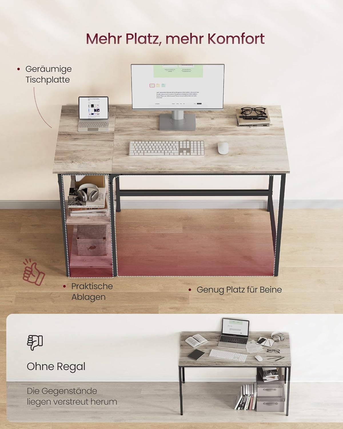 VASAGLE Tisch, Computertisch, Bürotisch, 120 x 60 x 76 cm, moderner Stil, für Arbeitszimmer, Schlafzimmer, Wohnzimmer, Greige-schwarz LWD47MB — Ansicht 4