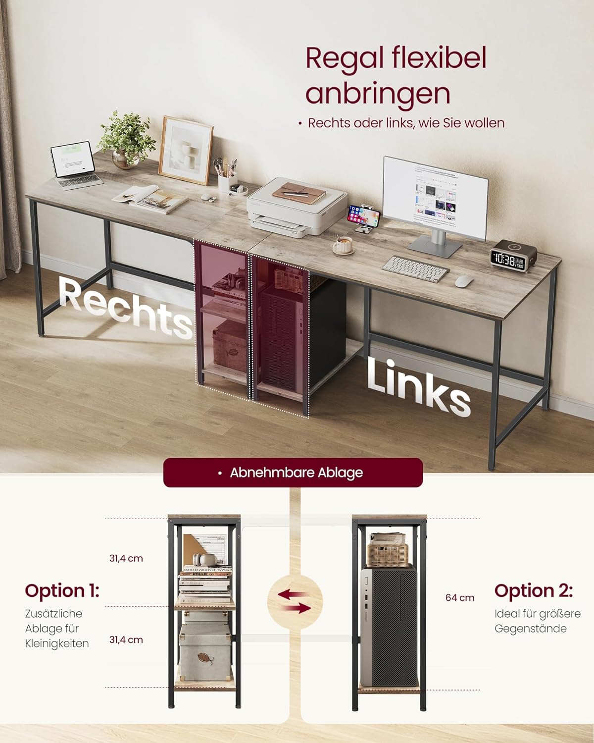 VASAGLE Tisch, Computertisch, Bürotisch, 120 x 60 x 76 cm, moderner Stil, für Arbeitszimmer, Schlafzimmer, Wohnzimmer, Greige-schwarz LWD47MB — Ansicht 5