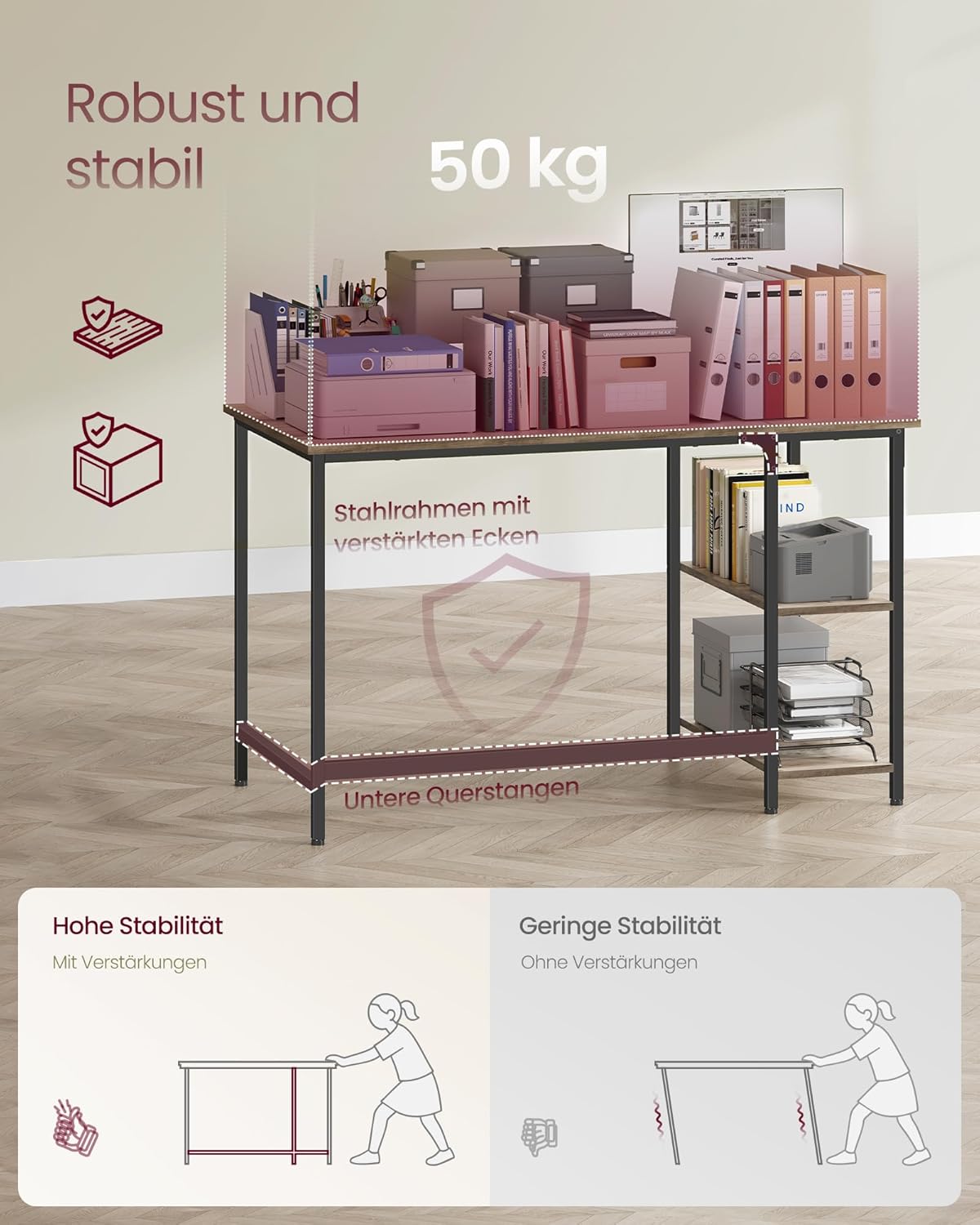 VASAGLE Tisch, Computertisch, Bürotisch, 120 x 60 x 76 cm, moderner Stil, für Arbeitszimmer, Schlafzimmer, Wohnzimmer, Greige-schwarz LWD47MB — Ansicht 6
