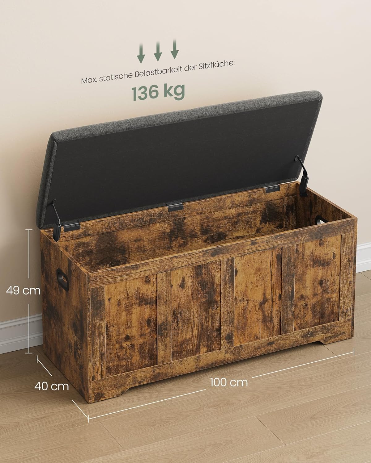 VASAGLE Truhe mit Deckel, Truhenbank mit Stauraum, 2 Sicherheitsscharniere, Schuhbank, Landhausstil, für Flur, Schlafzimmer, Wohnzimmer, 41 x 101 x 49 cm, vintagebraun-schiefergrau LSB068K101 — Ansicht 3