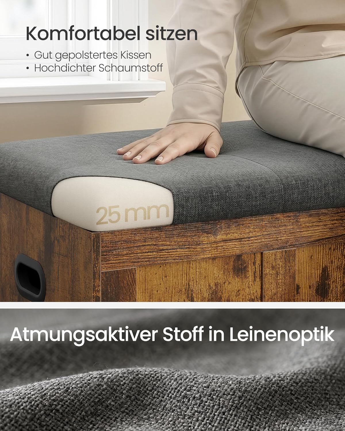 VASAGLE Truhe mit Deckel, Truhenbank mit Stauraum, 2 Sicherheitsscharniere, Schuhbank, Landhausstil, für Flur, Schlafzimmer, Wohnzimmer, 41 x 101 x 49 cm, vintagebraun-schiefergrau LSB068K101 — Ansicht 4