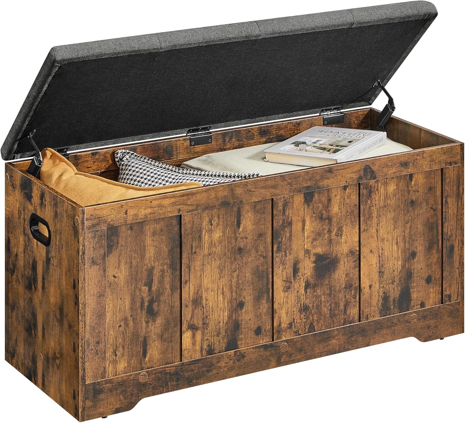 VASAGLE Truhe mit Deckel, Truhenbank mit Stauraum, 2 Sicherheitsscharniere, Schuhbank, Landhausstil, für Flur, Schlafzimmer, Wohnzimmer, 41 x 101 x 49 cm, vintagebraun-schiefergrau LSB068K101