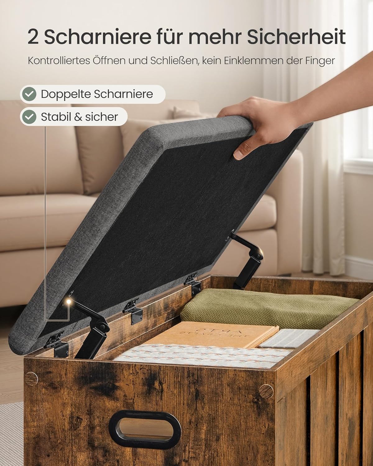 VASAGLE Truhe mit Deckel, Truhenbank mit Stauraum, 2 Sicherheitsscharniere, Schuhbank, Landhausstil, für Flur, Schlafzimmer, Wohnzimmer, 41 x 101 x 49 cm, vintagebraun-schiefergrau LSB068K101 — Ansicht 5