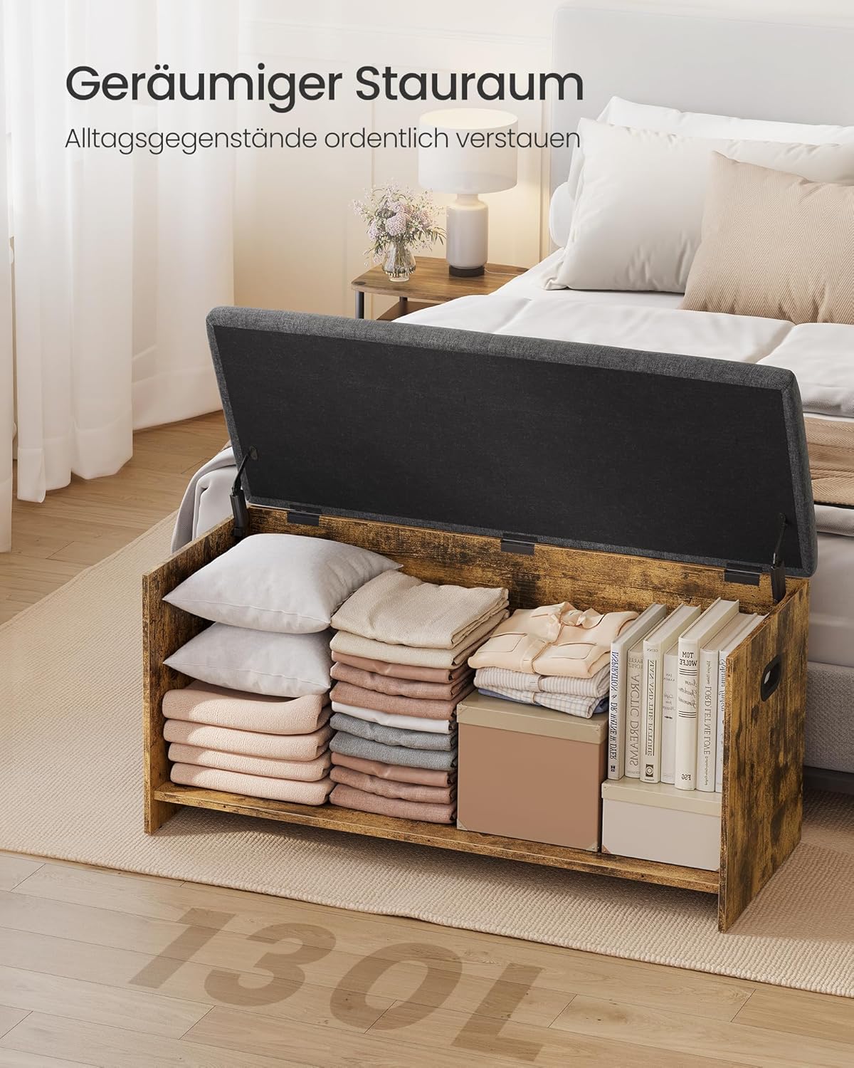 VASAGLE Truhe mit Deckel, Truhenbank mit Stauraum, 2 Sicherheitsscharniere, Schuhbank, Landhausstil, für Flur, Schlafzimmer, Wohnzimmer, 41 x 101 x 49 cm, vintagebraun-schiefergrau LSB068K101 — Ansicht 6