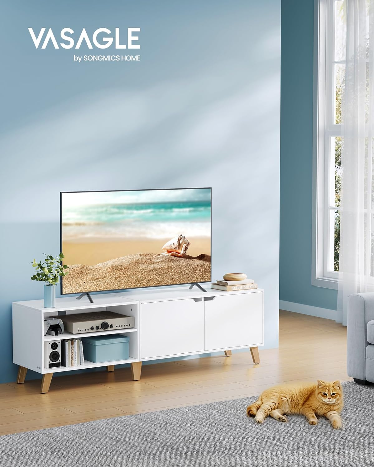 VASAGLE TV-Schrank, Fernsehtisch mit 2 Türen, 160 cm lang, TV-Regal für Fernseher bis zu 65 Zoll, verstellbare Ablagen, für Wohnzimmer, Esszimmer, Schlafzimmer, schneeweiß LTV030W01 — Ansicht 3