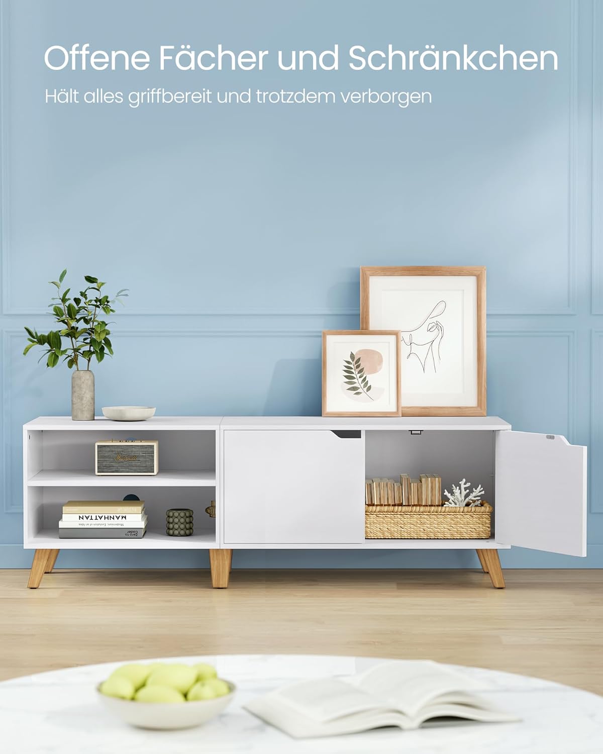 VASAGLE TV-Schrank, Fernsehtisch mit 2 Türen, 160 cm lang, TV-Regal für Fernseher bis zu 65 Zoll, verstellbare Ablagen, für Wohnzimmer, Esszimmer, Schlafzimmer, schneeweiß LTV030W01 — Ansicht 4