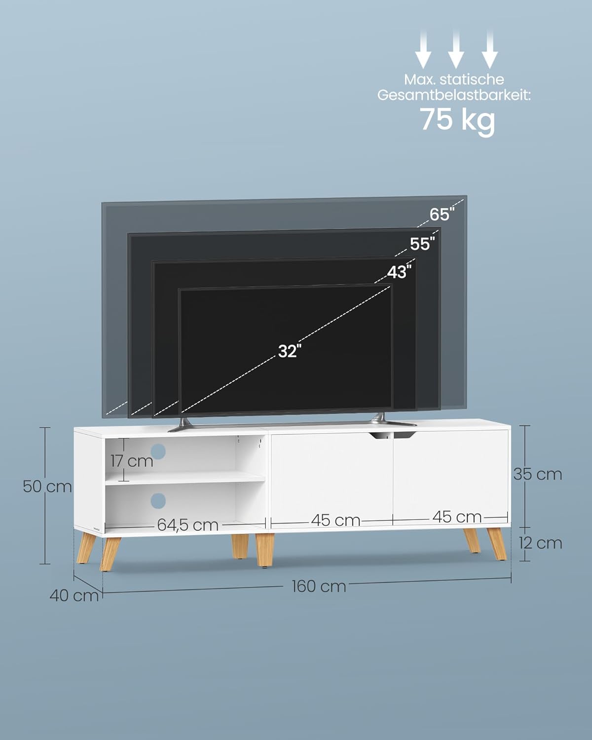 VASAGLE TV-Schrank, Fernsehtisch mit 2 Türen, 160 cm lang, TV-Regal für Fernseher bis zu 65 Zoll, verstellbare Ablagen, für Wohnzimmer, Esszimmer, Schlafzimmer, schneeweiß LTV030W01 — Ansicht 5