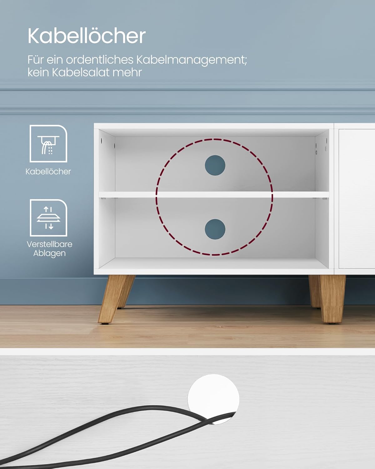 VASAGLE TV-Schrank, Fernsehtisch mit 2 Türen, 160 cm lang, TV-Regal für Fernseher bis zu 65 Zoll, verstellbare Ablagen, für Wohnzimmer, Esszimmer, Schlafzimmer, schneeweiß LTV030W01 — Ansicht 6