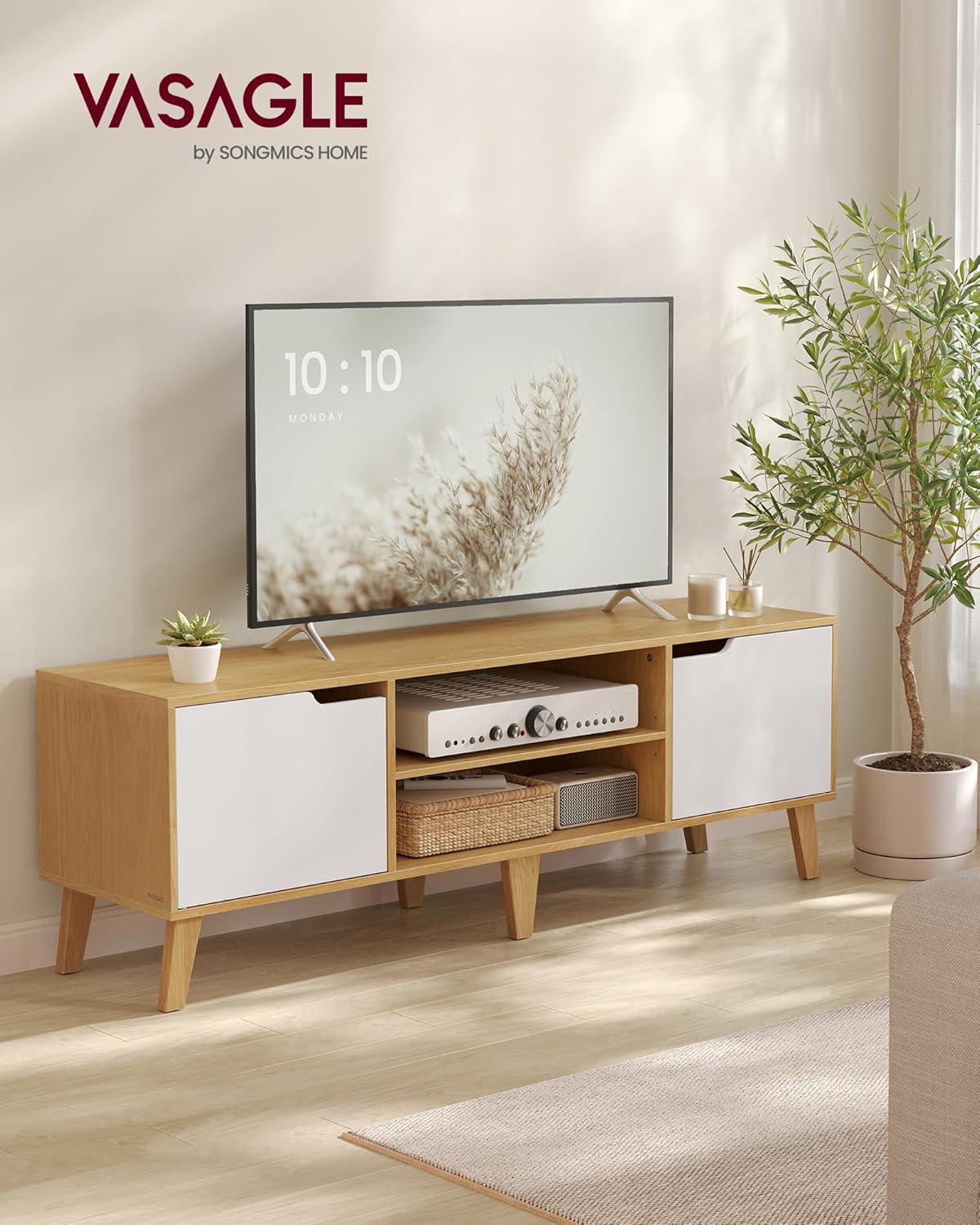 VASAGLE TV-Schrank, Lowboard, Fernsehschrank mit Verstellbarer Ablage, für Fernseher bis zu 65 Zoll, 147 cm lang, Übergangsstil, Fernsehtisch, Wohnzimmer, natureichenfarben-cremeweiß LTV556Y01 — Ansicht 2