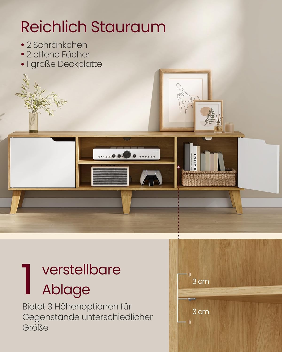 VASAGLE TV-Schrank, Lowboard, Fernsehschrank mit Verstellbarer Ablage, für Fernseher bis zu 65 Zoll, 147 cm lang, Übergangsstil, Fernsehtisch, Wohnzimmer, natureichenfarben-cremeweiß LTV556Y01 — Ansicht 3