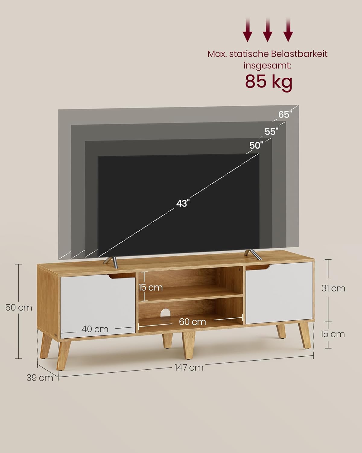 VASAGLE TV-Schrank, Lowboard, Fernsehschrank mit Verstellbarer Ablage, für Fernseher bis zu 65 Zoll, 147 cm lang, Übergangsstil, Fernsehtisch, Wohnzimmer, natureichenfarben-cremeweiß LTV556Y01 — Ansicht 4