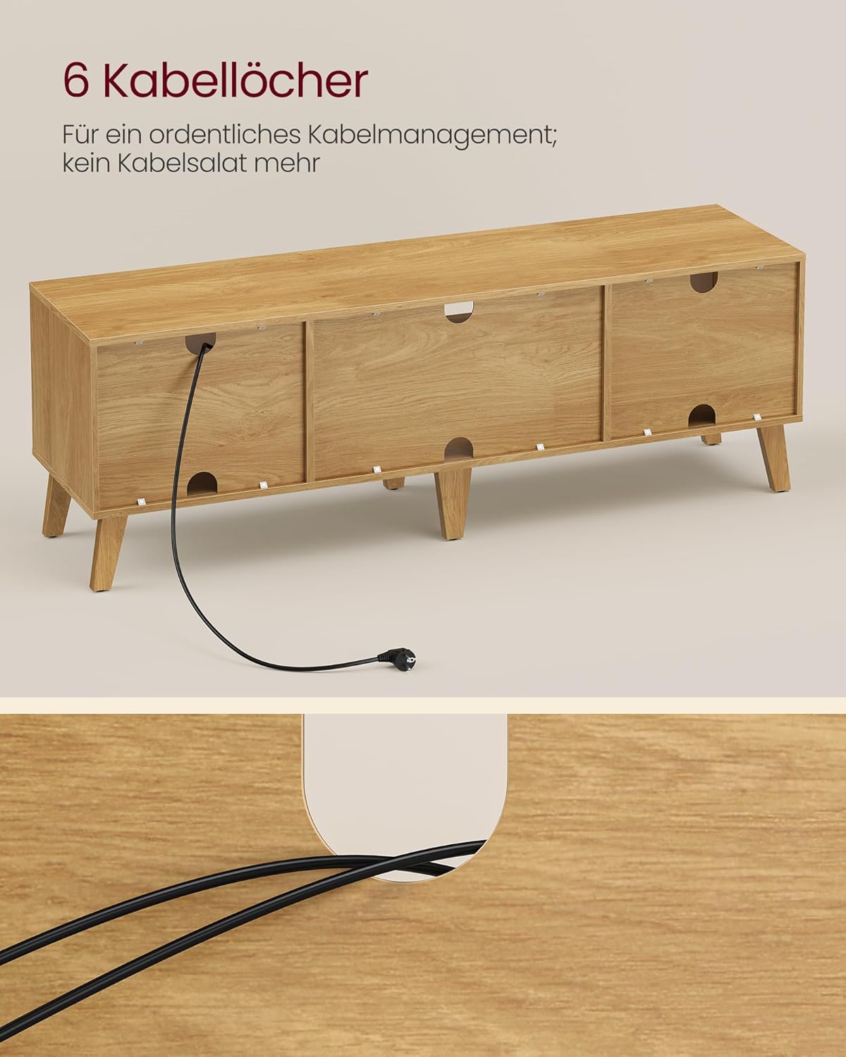 VASAGLE TV-Schrank, Lowboard, Fernsehschrank mit Verstellbarer Ablage, für Fernseher bis zu 65 Zoll, 147 cm lang, Übergangsstil, Fernsehtisch, Wohnzimmer, natureichenfarben-cremeweiß LTV556Y01 — Ansicht 5
