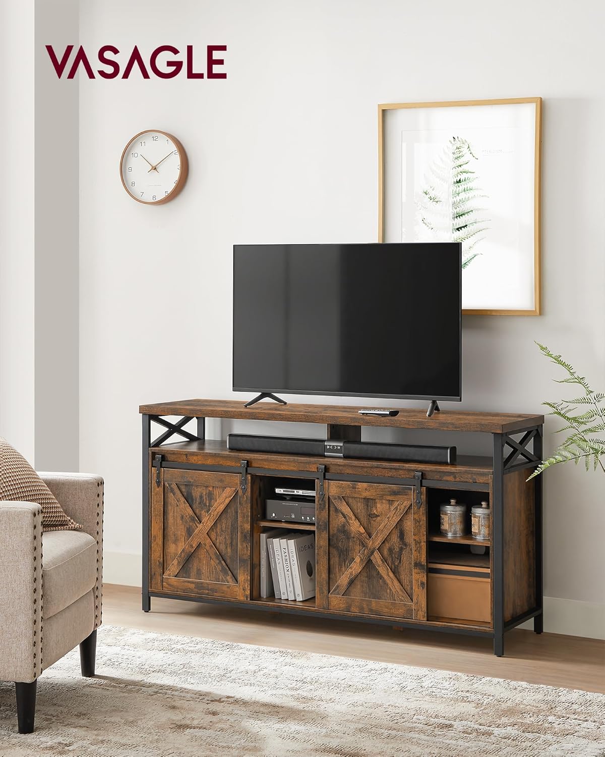 VASAGLE TV-Schrank, Lowboard für Fernseher bis zu 65 Zoll, mit verstellbaren Ablagen, rustikale Tür, Landhausstil, Metallgestell, vintagebraun-schwarz LTV071B01 — Ansicht 2