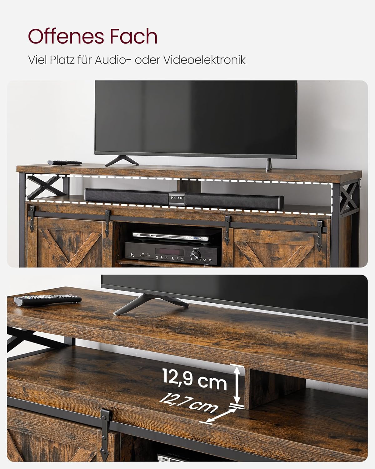 VASAGLE TV-Schrank, Lowboard für Fernseher bis zu 65 Zoll, mit verstellbaren Ablagen, rustikale Tür, Landhausstil, Metallgestell, vintagebraun-schwarz LTV071B01 — Ansicht 3