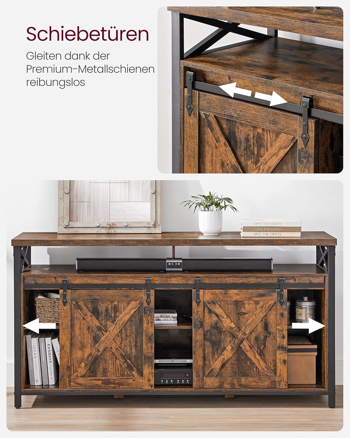VASAGLE TV-Schrank, Lowboard für Fernseher bis zu 65 Zoll, mit verstellbaren Ablagen, rustikale Tür, Landhausstil, Metallgestell, vintagebraun-schwarz LTV071B01 — Ansicht 4