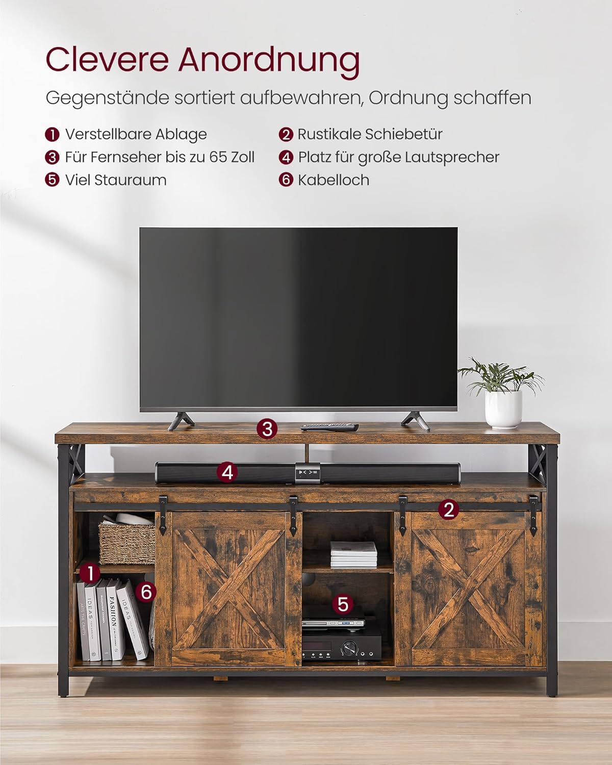VASAGLE TV-Schrank, Lowboard für Fernseher bis zu 65 Zoll, mit verstellbaren Ablagen, rustikale Tür, Landhausstil, Metallgestell, vintagebraun-schwarz LTV071B01 — Ansicht 5