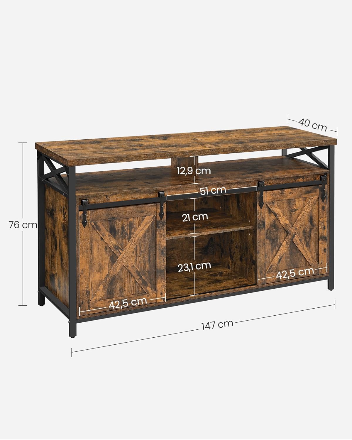 VASAGLE TV-Schrank, Lowboard für Fernseher bis zu 65 Zoll, mit verstellbaren Ablagen, rustikale Tür, Landhausstil, Metallgestell, vintagebraun-schwarz LTV071B01 — Ansicht 6