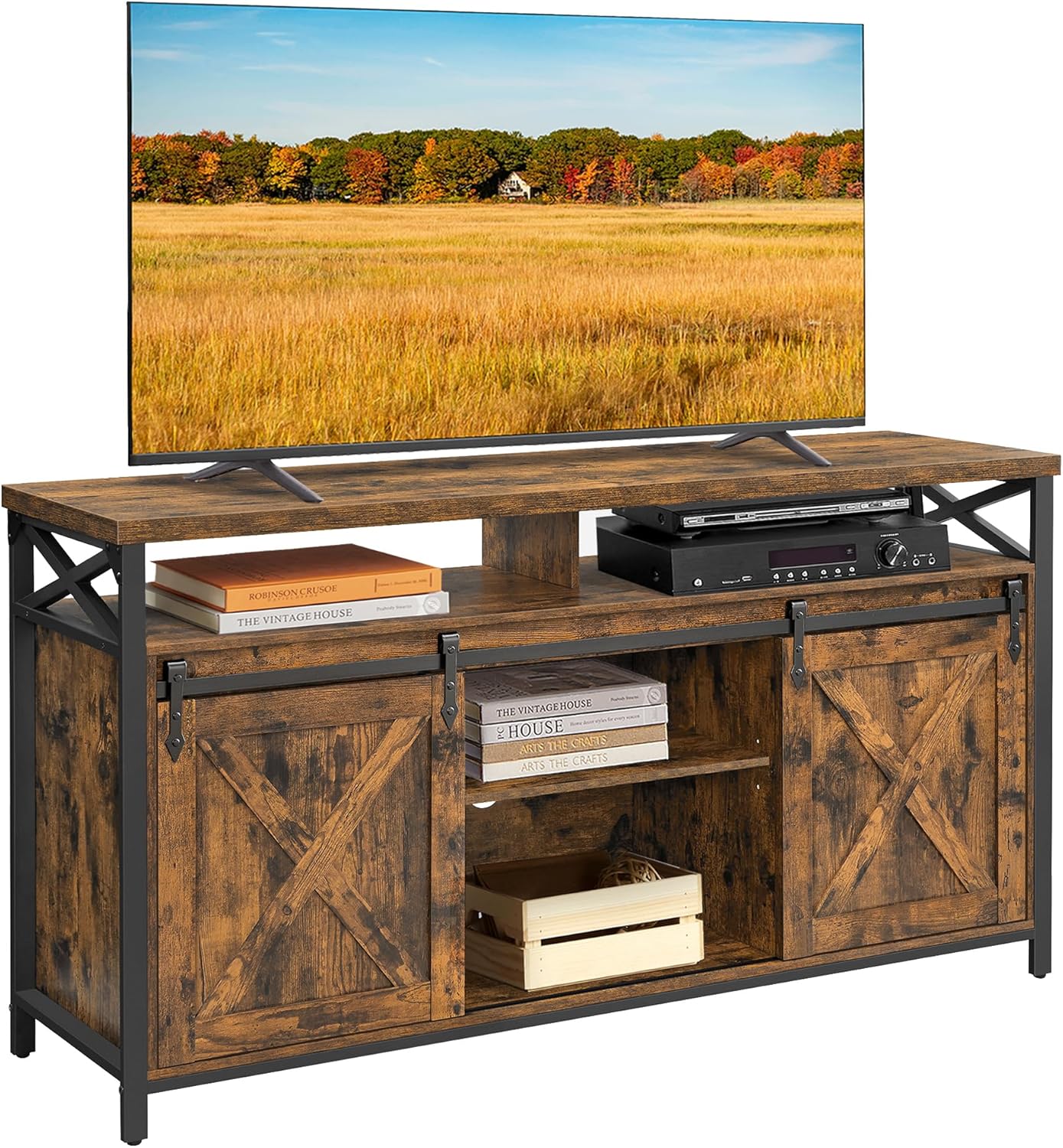 VASAGLE TV-Schrank, Lowboard für Fernseher bis zu 65 Zoll, mit verstellbaren Ablagen, rustikale Tür, Landhausstil, Metallgestell, vintagebraun-schwarz LTV071B01