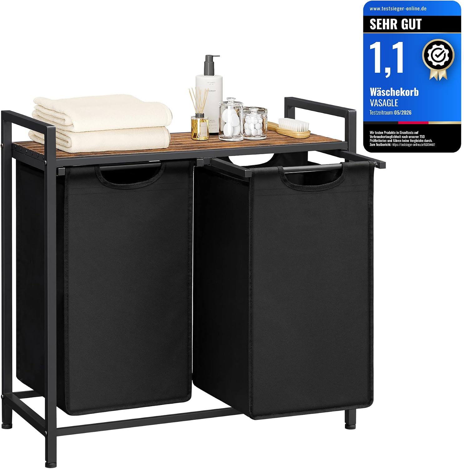 VASAGLE Wäschekorb 2 Fächer, Wäschesammler mit Ablage, Wäschebox, Wäschesack aus Oxford-Gewebe abnehmbar, Metallrahmen, 2 x 46 L, 73 x 33 x 72 cm, tintenschwarz-vintagebraun BLH201B01