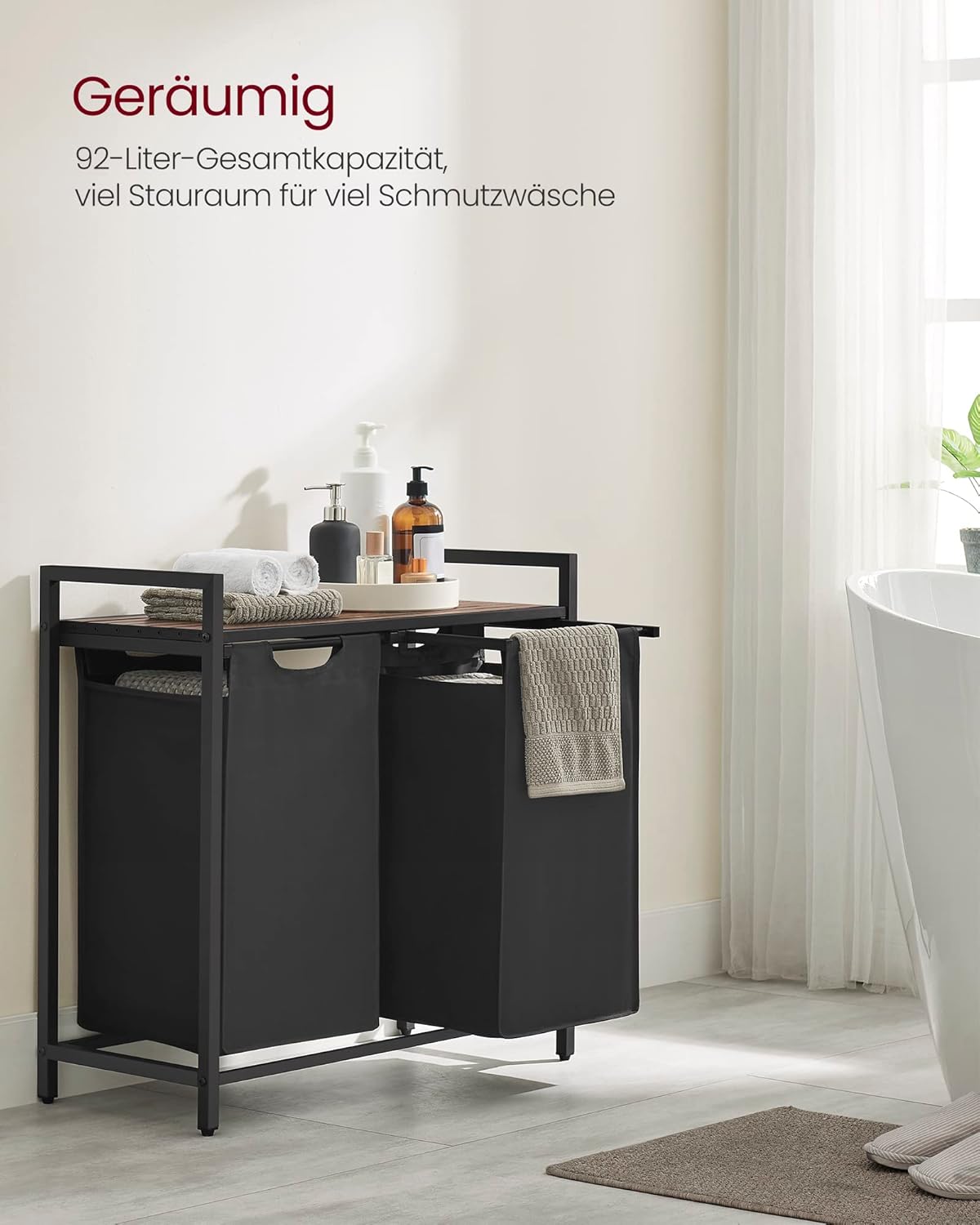 VASAGLE Wäschekorb 2 Fächer, Wäschesammler mit Ablage, Wäschebox, Wäschesack aus Oxford-Gewebe abnehmbar, Metallrahmen, 2 x 46 L, 73 x 33 x 72 cm, tintenschwarz-vintagebraun BLH201B01 — Ansicht 3
