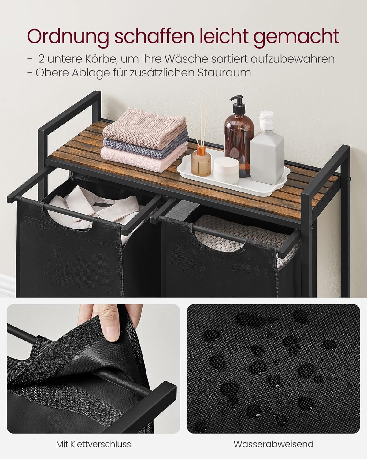 VASAGLE Wäschekorb 2 Fächer, Wäschesammler mit Ablage, Wäschebox, Wäschesack aus Oxford-Gewebe abnehmbar, Metallrahmen, 2 x 46 L, 73 x 33 x 72 cm, tintenschwarz-vintagebraun BLH201B01 — Ansicht 4