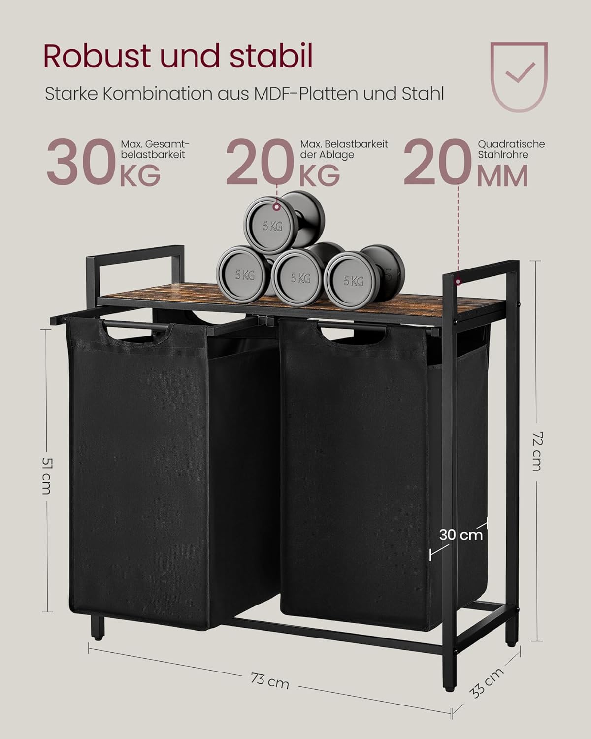 VASAGLE Wäschekorb 2 Fächer, Wäschesammler mit Ablage, Wäschebox, Wäschesack aus Oxford-Gewebe abnehmbar, Metallrahmen, 2 x 46 L, 73 x 33 x 72 cm, tintenschwarz-vintagebraun BLH201B01 — Ansicht 5