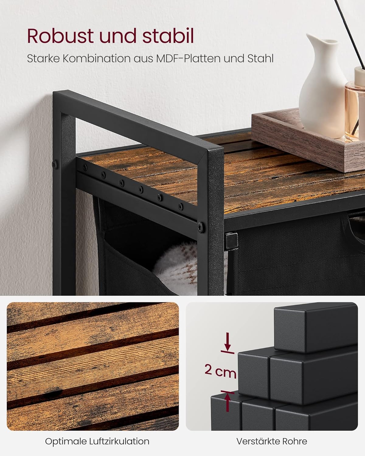 VASAGLE Wäschekorb 2 Fächer, Wäschesammler mit Ablage, Wäschebox, Wäschesack aus Oxford-Gewebe abnehmbar, Metallrahmen, 2 x 46 L, 73 x 33 x 72 cm, tintenschwarz-vintagebraun BLH201B01 — Ansicht 6