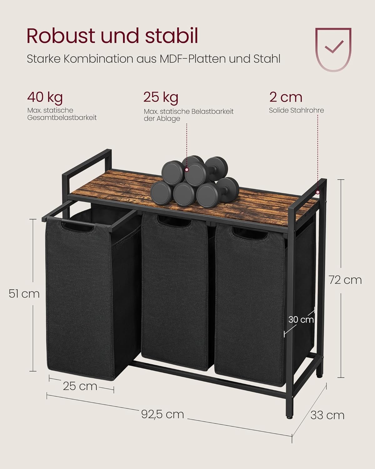 VASAGLE Wäschekorb 3 Fächer, Wäschesammler mit Ablage, Wäschebox, Wäschesack aus Oxford-Gewebe abnehmbar, Metallrahmen, 3 x 40 L, 92,5 x 33 x 72 cm, tintenschwarz-vintagebraun BLH301B01 — Ansicht 5