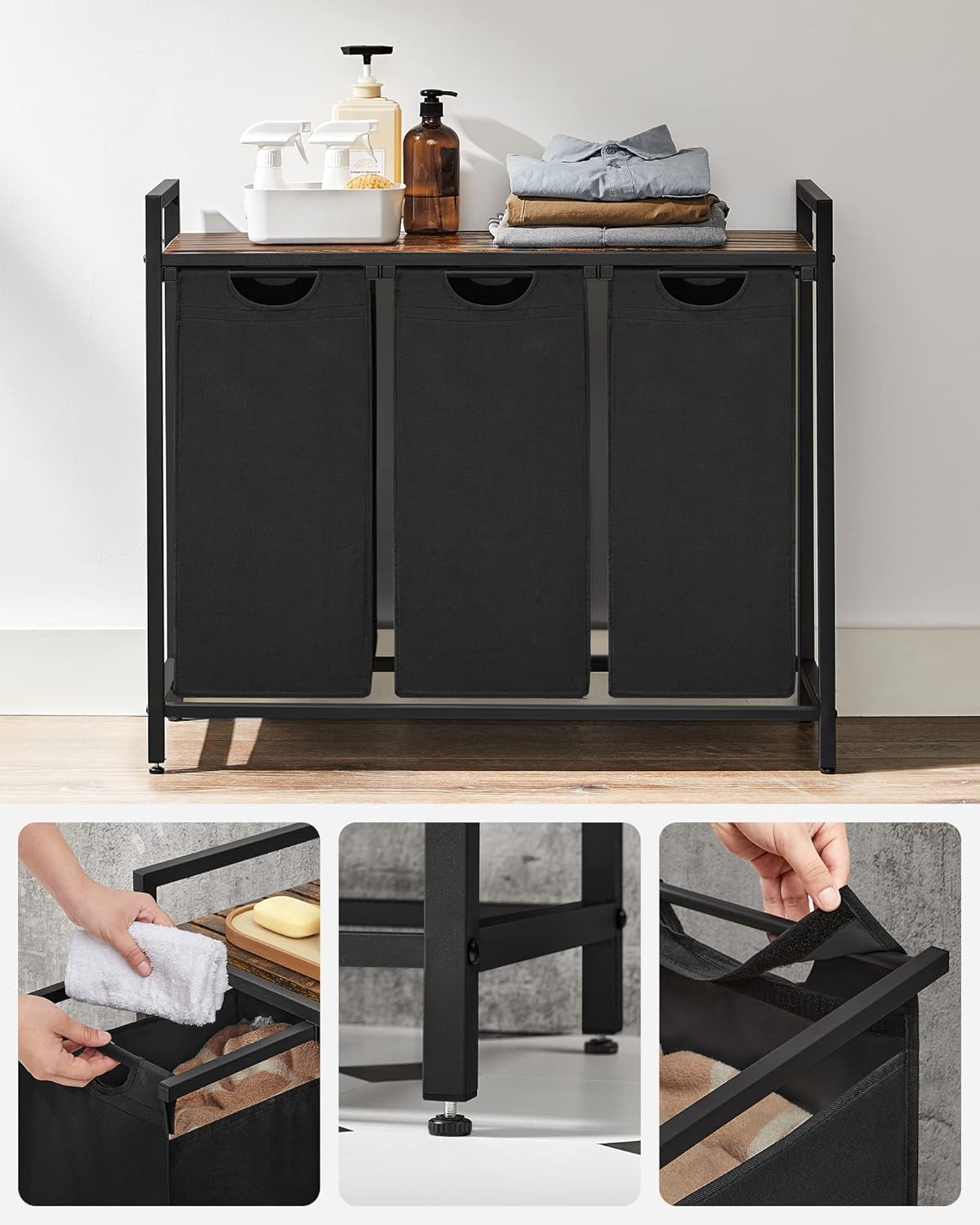 VASAGLE Wäschekorb 3 Fächer, Wäschesammler mit Ablage, Wäschebox, Wäschesack aus Oxford-Gewebe abnehmbar, Metallrahmen, 3 x 40 L, 92,5 x 33 x 72 cm, tintenschwarz-vintagebraun BLH301B01 — Ansicht 6