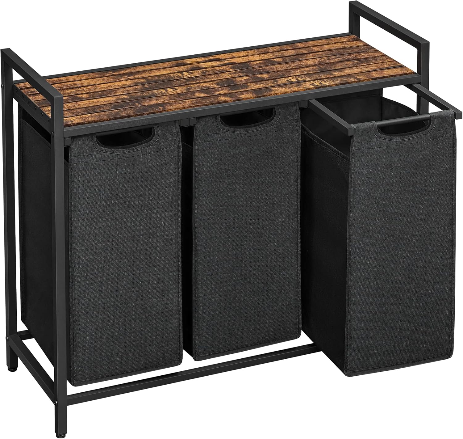 VASAGLE Wäschekorb 3 Fächer, Wäschesammler mit Ablage, Wäschebox, Wäschesack aus Oxford-Gewebe abnehmbar, Metallrahmen, 3 x 40 L, 92,5 x 33 x 72 cm, tintenschwarz-vintagebraun BLH301B01
