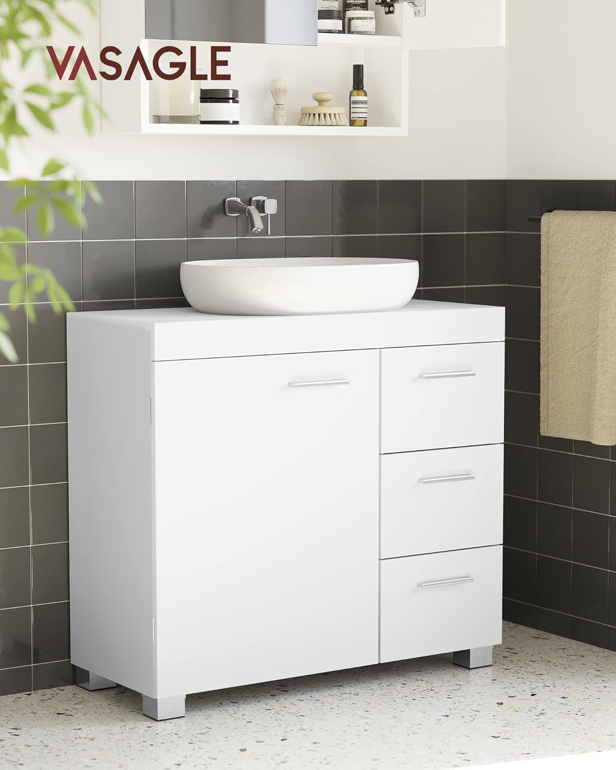 VASAGLE Waschbeckenunterschrank, Badezimmerschrank, 3 große Schubladen, 30 x 70 x 64 cm, 2 Fächer, auch für Waschbecken mit Beckensäule, Badezimmer-Unterschrank mit Füßen, wolkenweiß BBK504W01 — Ansicht 2