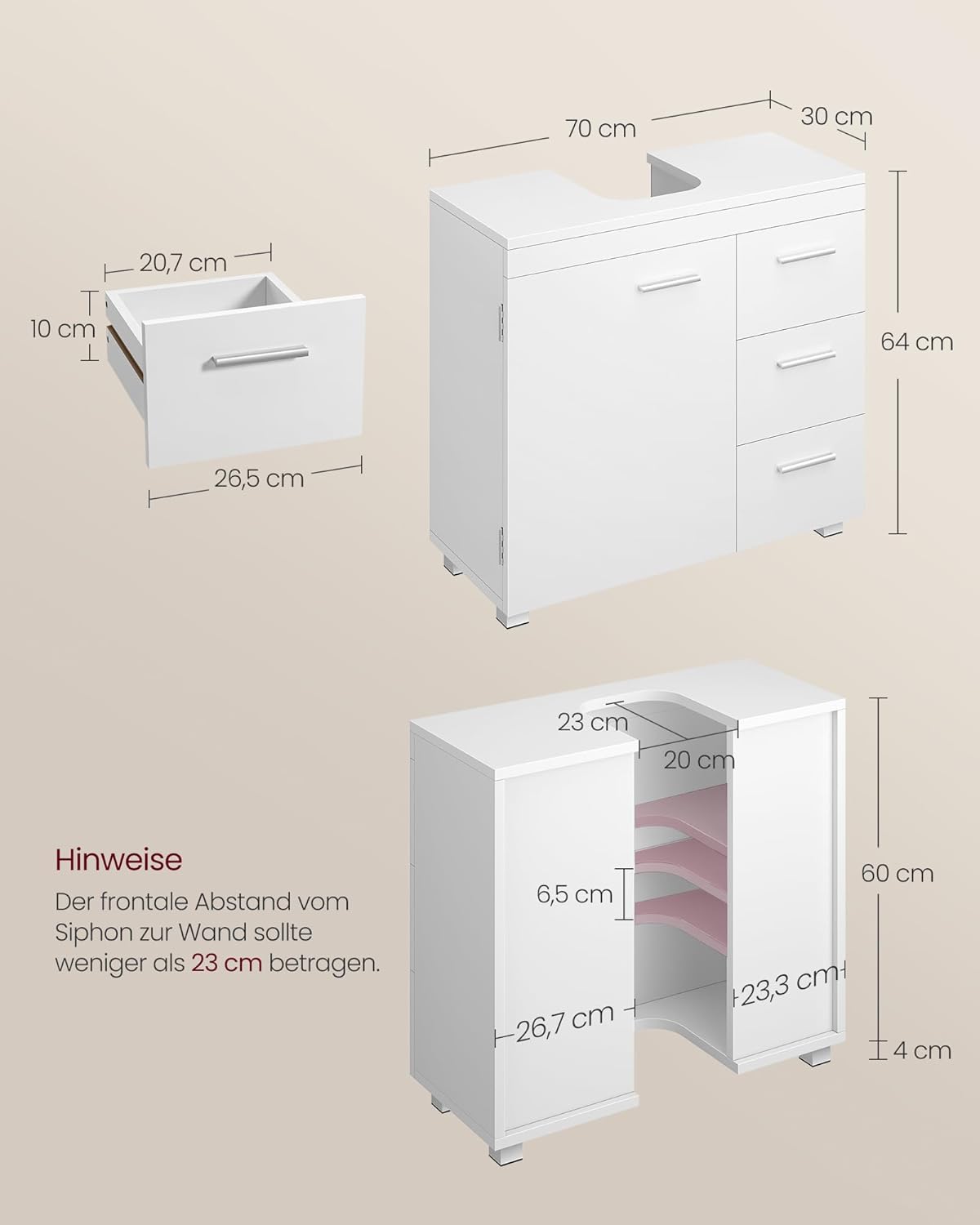 VASAGLE Waschbeckenunterschrank, Badezimmerschrank, 3 große Schubladen, 30 x 70 x 64 cm, 2 Fächer, auch für Waschbecken mit Beckensäule, Badezimmer-Unterschrank mit Füßen, wolkenweiß BBK504W01 — Ansicht 3