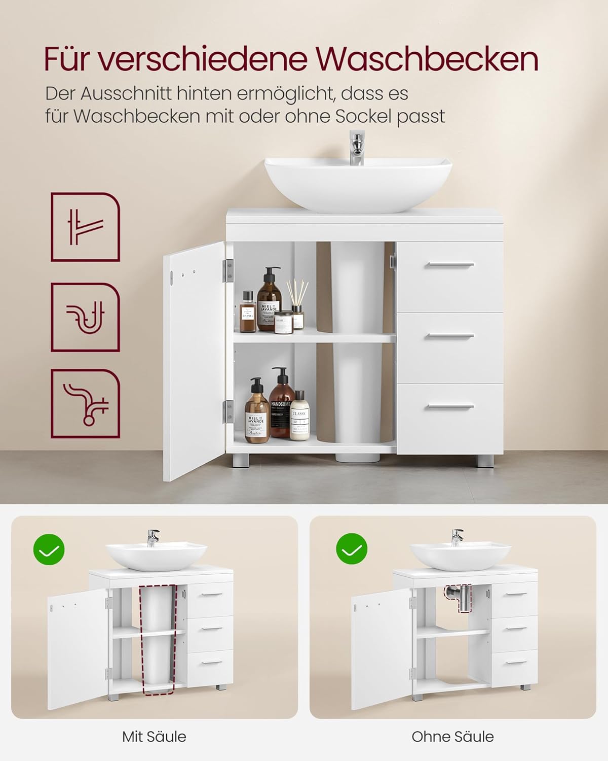 VASAGLE Waschbeckenunterschrank, Badezimmerschrank, 3 große Schubladen, 30 x 70 x 64 cm, 2 Fächer, auch für Waschbecken mit Beckensäule, Badezimmer-Unterschrank mit Füßen, wolkenweiß BBK504W01 — Ansicht 4