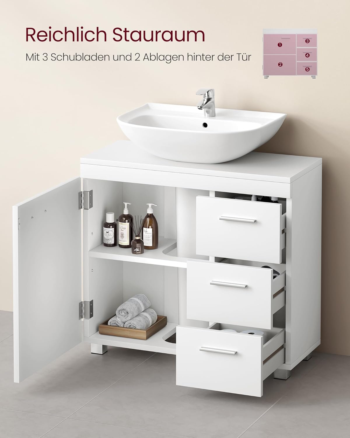 VASAGLE Waschbeckenunterschrank, Badezimmerschrank, 3 große Schubladen, 30 x 70 x 64 cm, 2 Fächer, auch für Waschbecken mit Beckensäule, Badezimmer-Unterschrank mit Füßen, wolkenweiß BBK504W01 — Ansicht 5