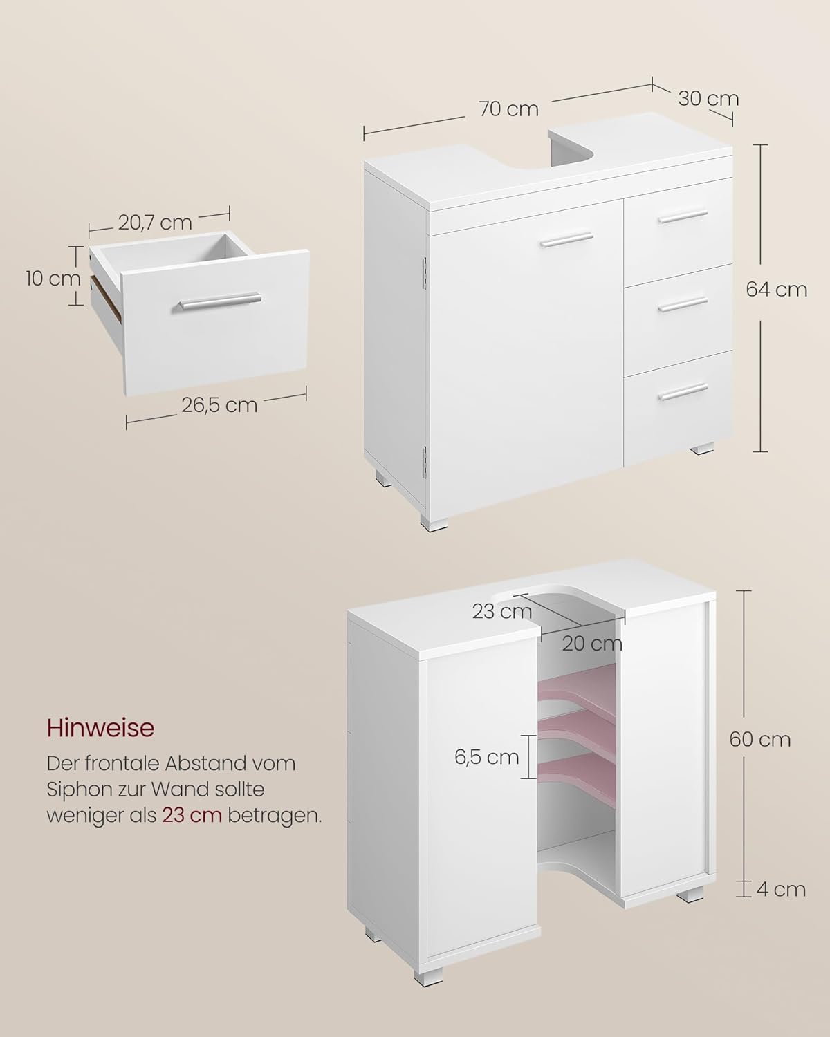 VASAGLE Waschbeckenunterschrank, Badezimmerschrank, 3 große Schubladen, 30 x 70 x 64 cm, 2 Fächer, auch für Waschbecken mit Beckensäule, Badezimmer-Unterschrank mit Füßen, wolkenweiß BBK504W01 — Ansicht 6