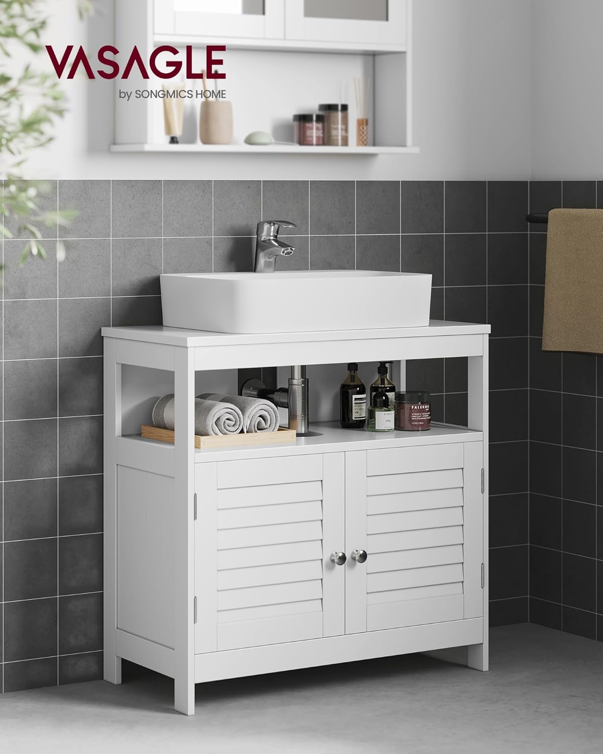 VASAGLE Waschbeckenunterschrank, Badezimmerschrank, Aufbewahrungsschrank, 30 x 60 x 60 cm, mit 2 Lamellentüren, offenes Fach, verstellbare Regalebene, mit Griffen, wolkenweiß BBC02WT — Ansicht 2