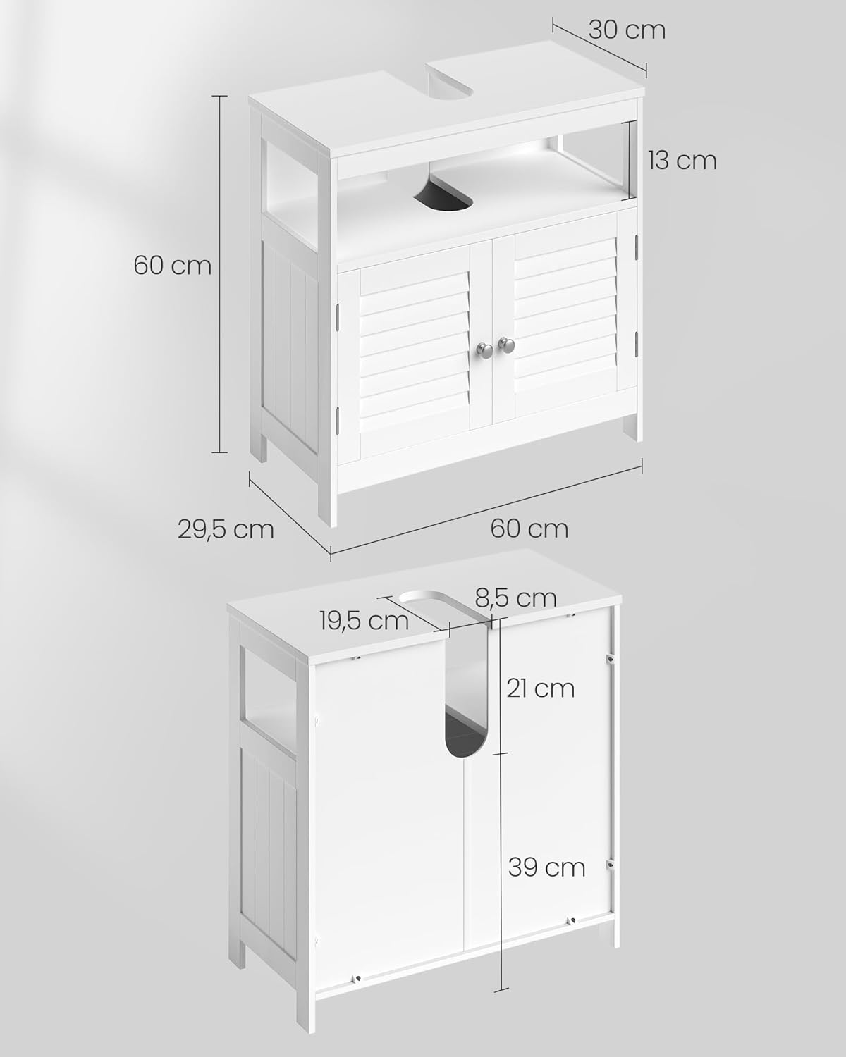 VASAGLE Waschbeckenunterschrank, Badezimmerschrank, Aufbewahrungsschrank, 30 x 60 x 60 cm, mit 2 Lamellentüren, offenes Fach, verstellbare Regalebene, mit Griffen, wolkenweiß BBC02WT — Ansicht 3