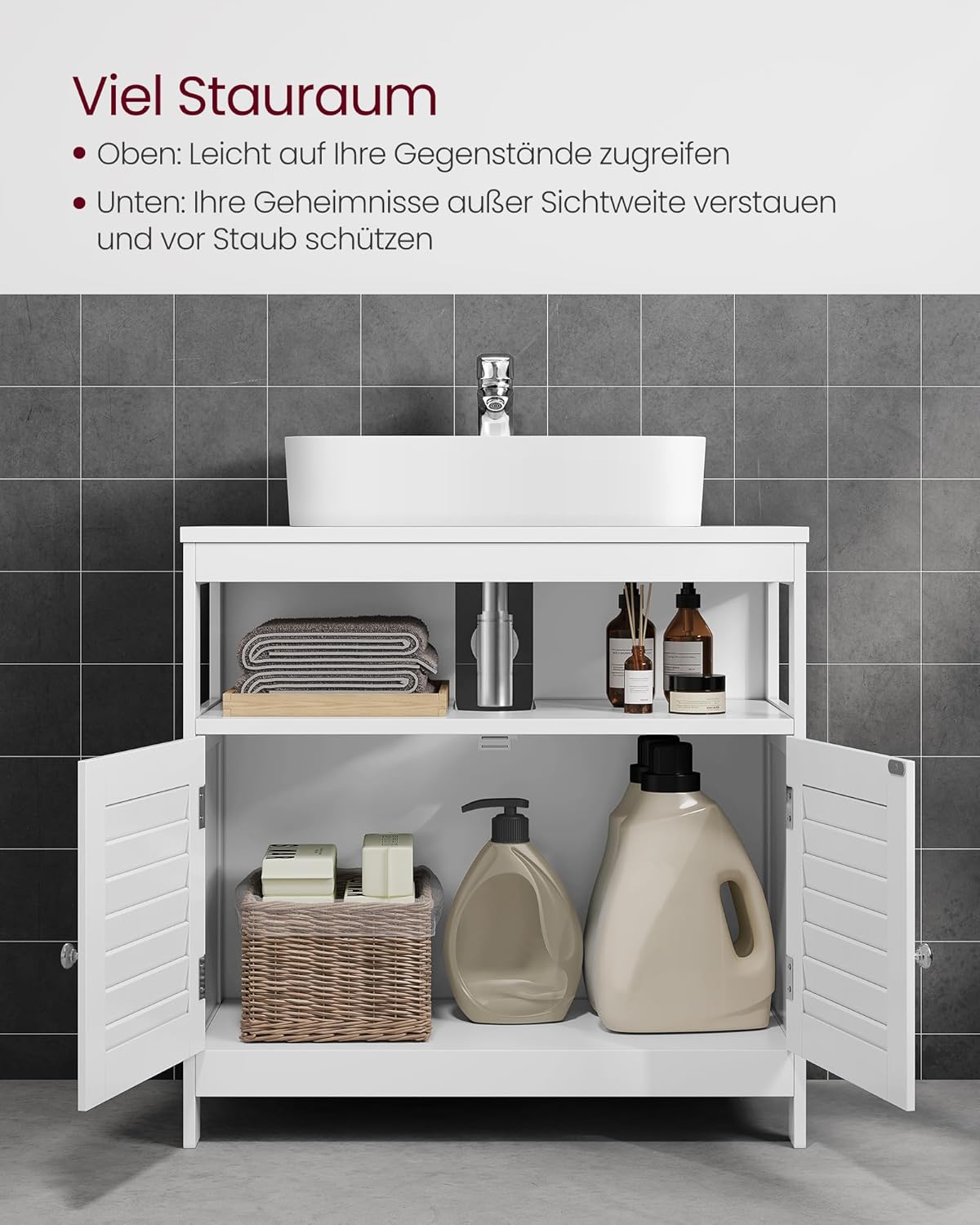 VASAGLE Waschbeckenunterschrank, Badezimmerschrank, Aufbewahrungsschrank, 30 x 60 x 60 cm, mit 2 Lamellentüren, offenes Fach, verstellbare Regalebene, mit Griffen, wolkenweiß BBC02WT — Ansicht 4