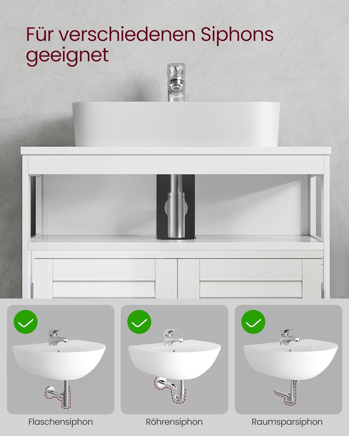 VASAGLE Waschbeckenunterschrank, Badezimmerschrank, Aufbewahrungsschrank, 30 x 60 x 60 cm, mit 2 Lamellentüren, offenes Fach, verstellbare Regalebene, mit Griffen, wolkenweiß BBC02WT — Ansicht 5