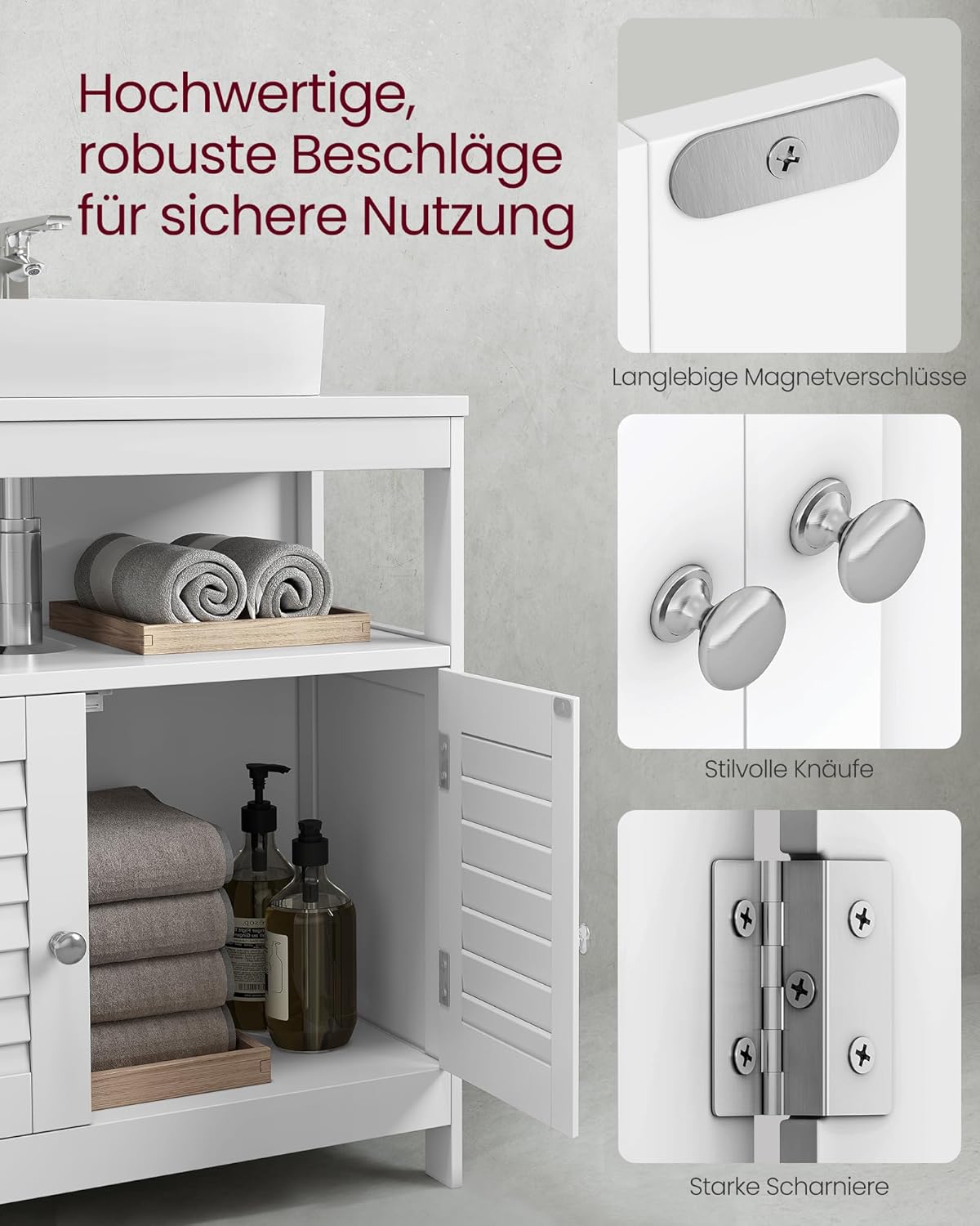 VASAGLE Waschbeckenunterschrank, Badezimmerschrank, Aufbewahrungsschrank, 30 x 60 x 60 cm, mit 2 Lamellentüren, offenes Fach, verstellbare Regalebene, mit Griffen, wolkenweiß BBC02WT — Ansicht 6