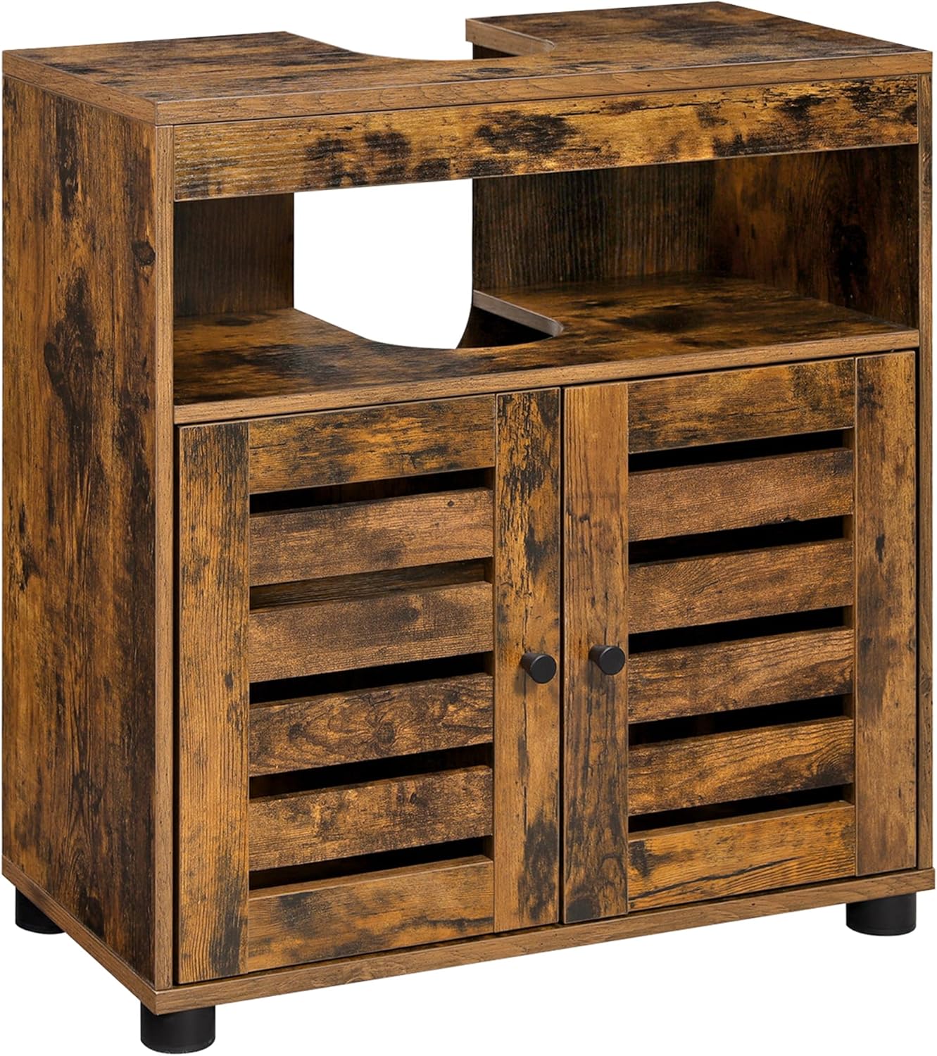 VASAGLE Waschbeckenunterschrank, Badschrank, 60 x 30 x 63 cm, Badezimmerschrank, Aufbewahrungsschrank, Unterschrank mit 2 Lamellentüren, mit verstellbarer Regalebene, vintagebraun BBK04BX
