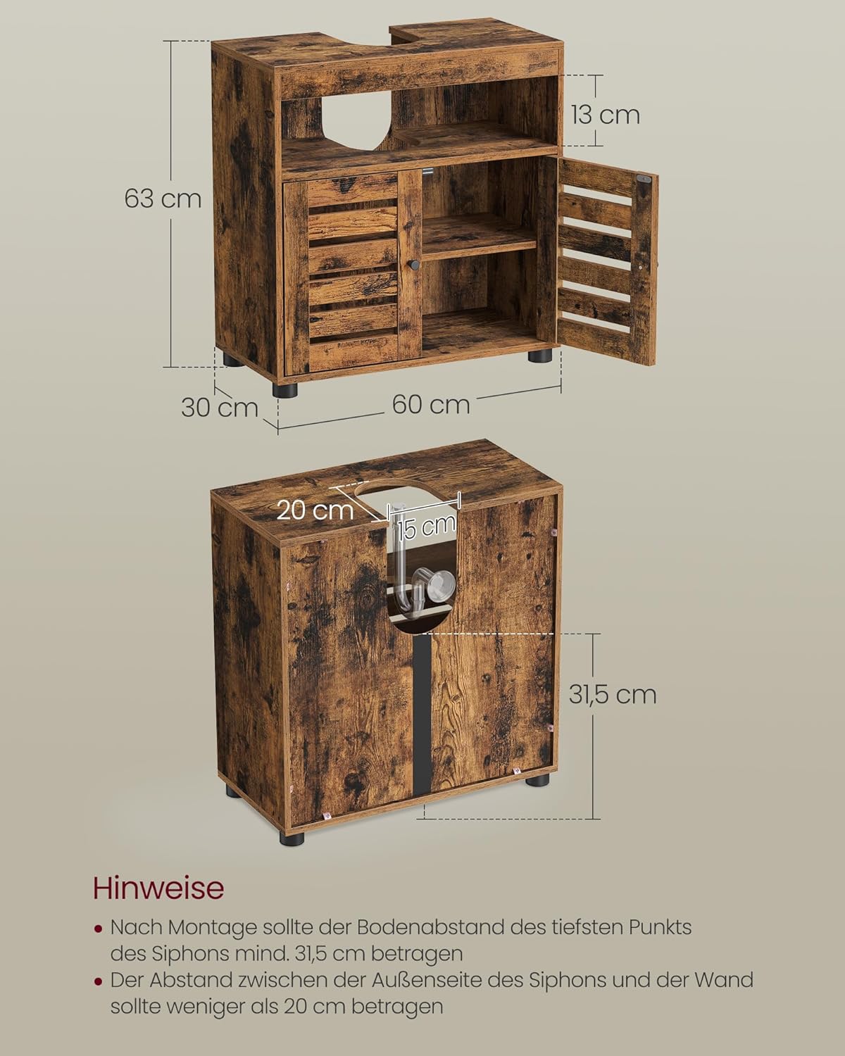 VASAGLE Waschbeckenunterschrank, Badschrank, 60 x 30 x 63 cm, Badezimmerschrank, Aufbewahrungsschrank, Unterschrank mit 2 Lamellentüren, mit verstellbarer Regalebene, vintagebraun BBK04BX — Ansicht 3