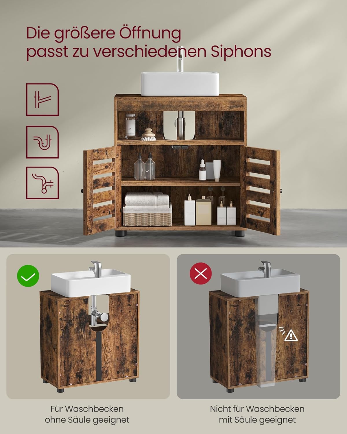 VASAGLE Waschbeckenunterschrank, Badschrank, 60 x 30 x 63 cm, Badezimmerschrank, Aufbewahrungsschrank, Unterschrank mit 2 Lamellentüren, mit verstellbarer Regalebene, vintagebraun BBK04BX — Ansicht 5