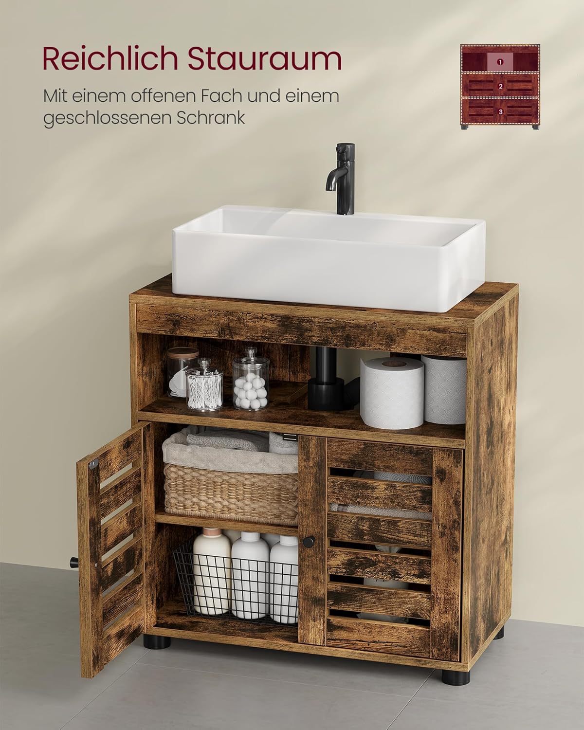 VASAGLE Waschbeckenunterschrank, Badschrank, 60 x 30 x 63 cm, Badezimmerschrank, Aufbewahrungsschrank, Unterschrank mit 2 Lamellentüren, mit verstellbarer Regalebene, vintagebraun BBK04BX — Ansicht 6