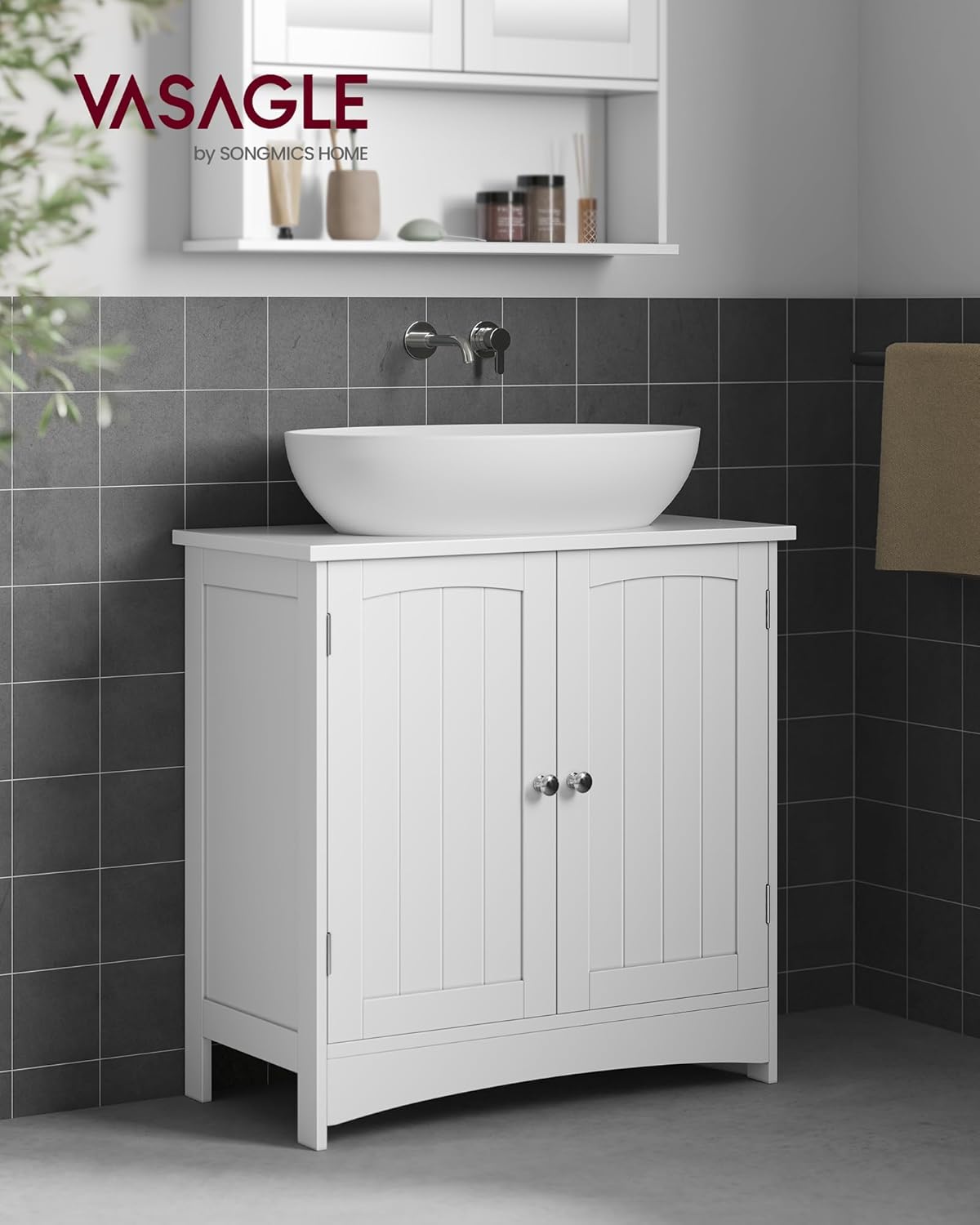 VASAGLE Waschbeckenunterschrank, Unterschrank, Badezimmerschrank, 30 x 60 x 60 cm, 2 Türen, Badschrank, höhenverstellbare Ablage, weiß BBC01WT — Ansicht 2
