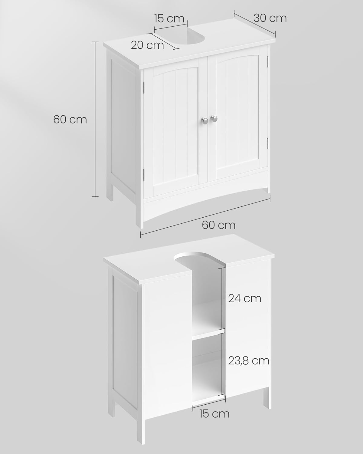 VASAGLE Waschbeckenunterschrank, Unterschrank, Badezimmerschrank, 30 x 60 x 60 cm, 2 Türen, Badschrank, höhenverstellbare Ablage, weiß BBC01WT — Ansicht 3