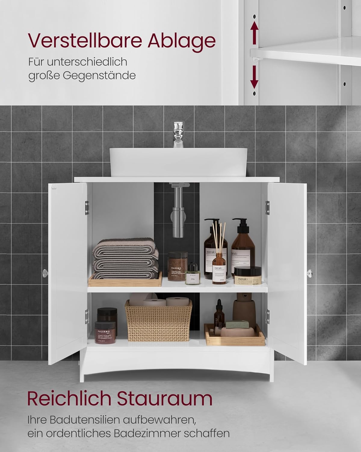 VASAGLE Waschbeckenunterschrank, Unterschrank, Badezimmerschrank, 30 x 60 x 60 cm, 2 Türen, Badschrank, höhenverstellbare Ablage, weiß BBC01WT — Ansicht 4