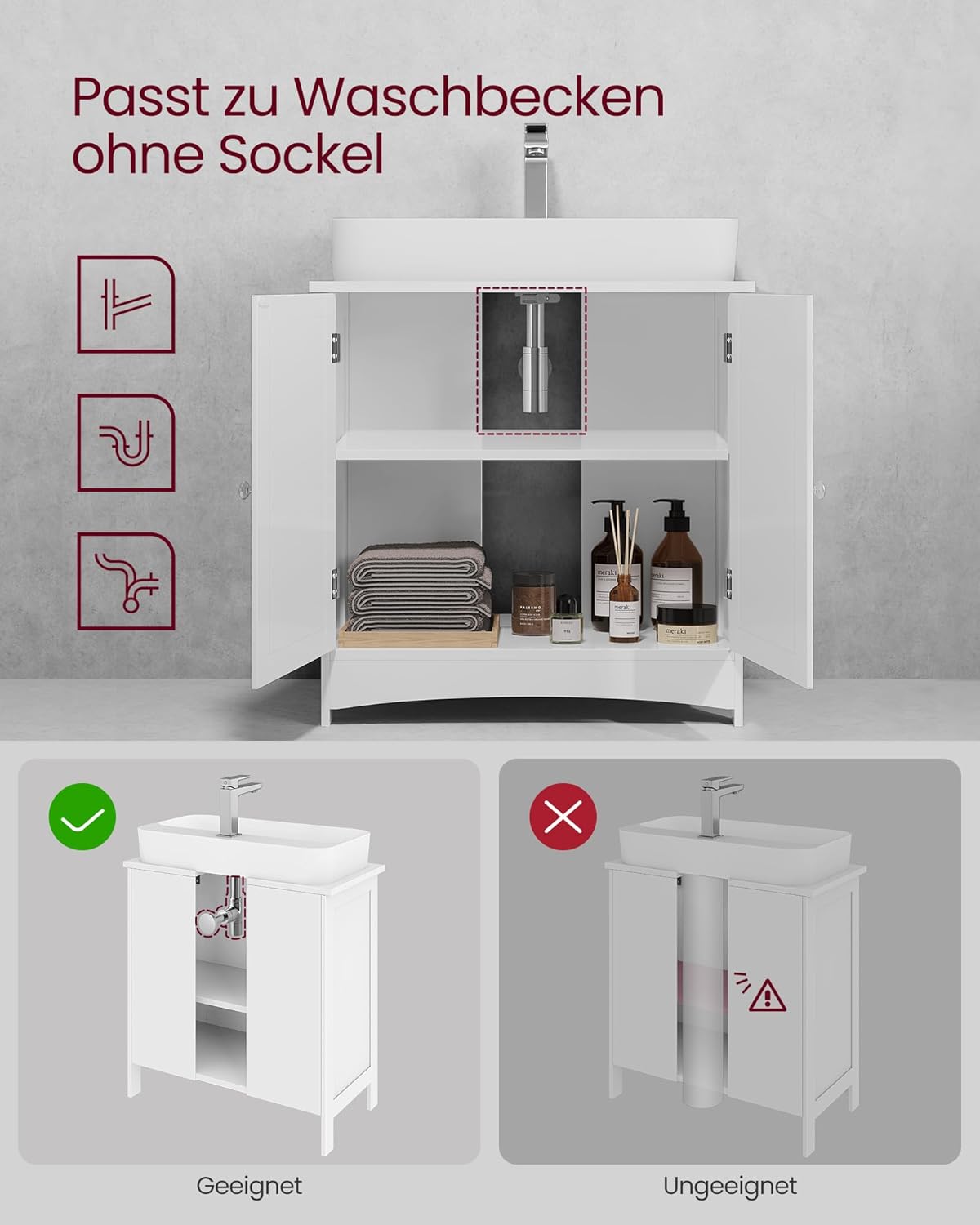 VASAGLE Waschbeckenunterschrank, Unterschrank, Badezimmerschrank, 30 x 60 x 60 cm, 2 Türen, Badschrank, höhenverstellbare Ablage, weiß BBC01WT — Ansicht 5