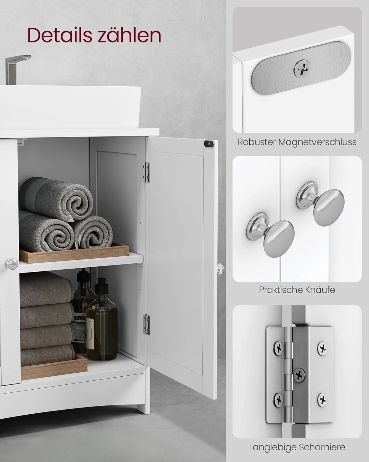 VASAGLE Waschbeckenunterschrank, Unterschrank, Badezimmerschrank, 30 x 60 x 60 cm, 2 Türen, Badschrank, höhenverstellbare Ablage, weiß BBC01WT — Ansicht 6